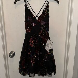 B Darlin black dress with pink sequin flowers- Sz 0 mini- NWT -V-neck fit& flare